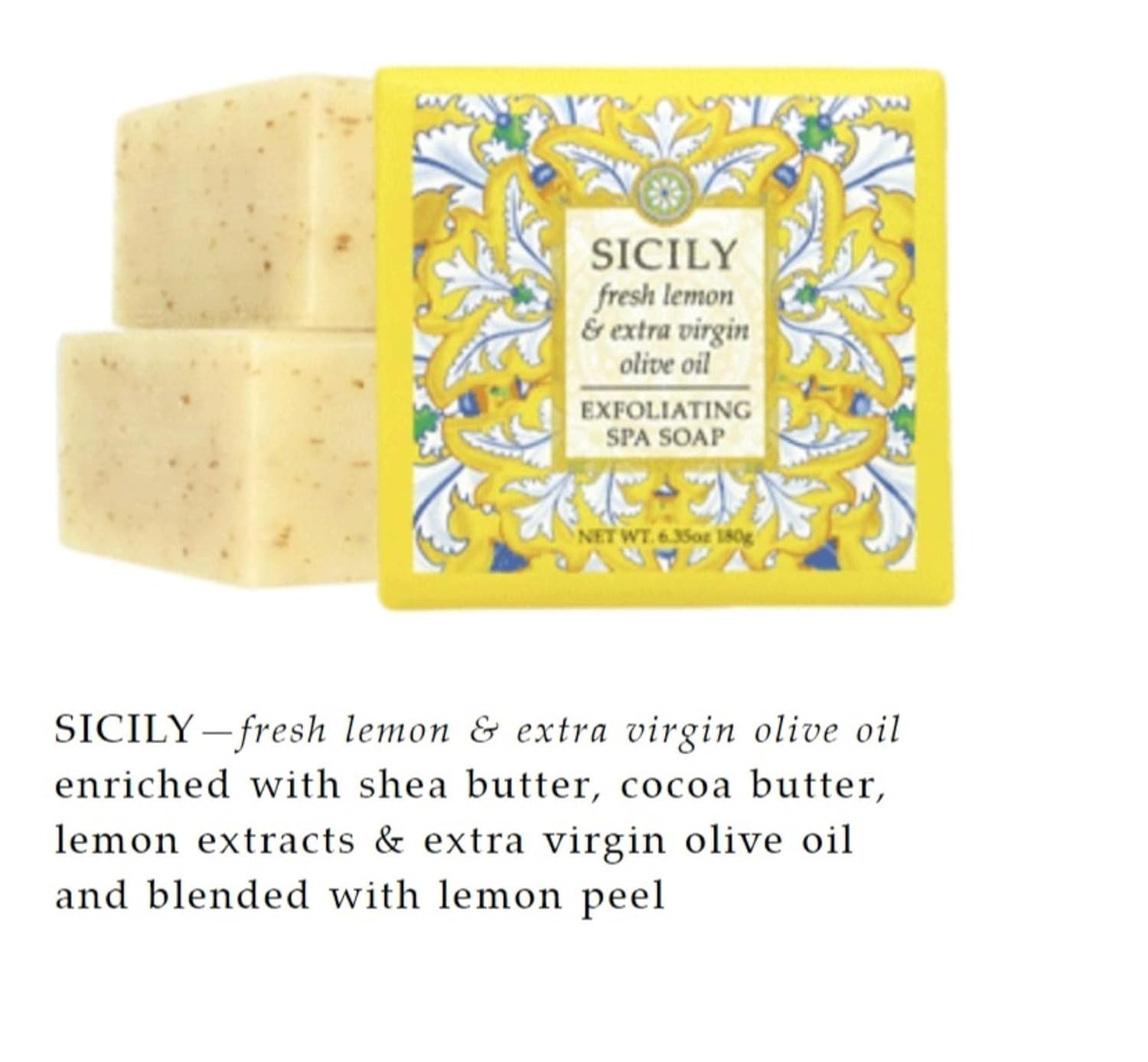 Greenwich Bay Trading Co., Sicily Exfoliating Spa Soap, Set of 3 Square Bars, 6.35 Ounces Each