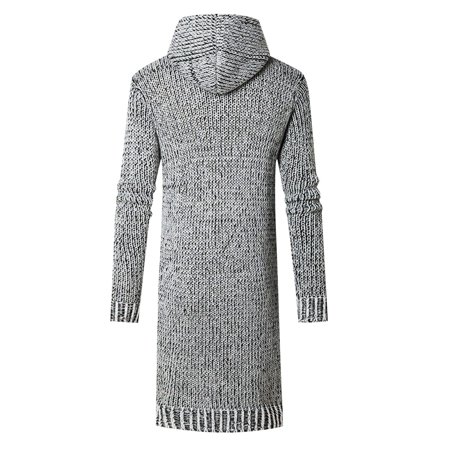 Cardigan da uomo in cotone, cardigan lungo, da uomo, con cappuccio, bottoni, invernale, caldo, a maglia grossa, elegante tinta unita