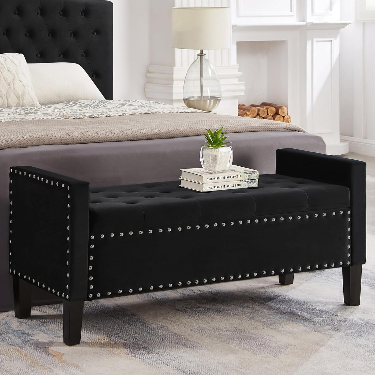 Velvet Modern Upholstered Tufted Button Storage Bench with Arms, Storage Bench with Nailhead Trim Bed Bench for Bedroom and Entryway (Black)