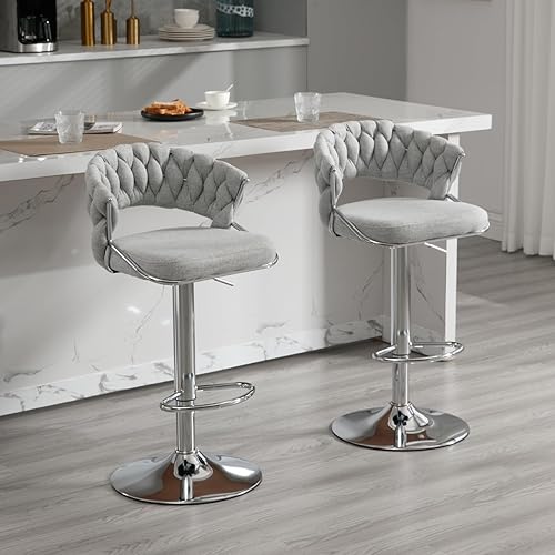 Miniatura 9 de HEAH-YO Juego de 2 taburetes de bar tejidos, taburetes de bar ajustables con respaldo y base dorada maciza, taburetes de cocina giratorios de