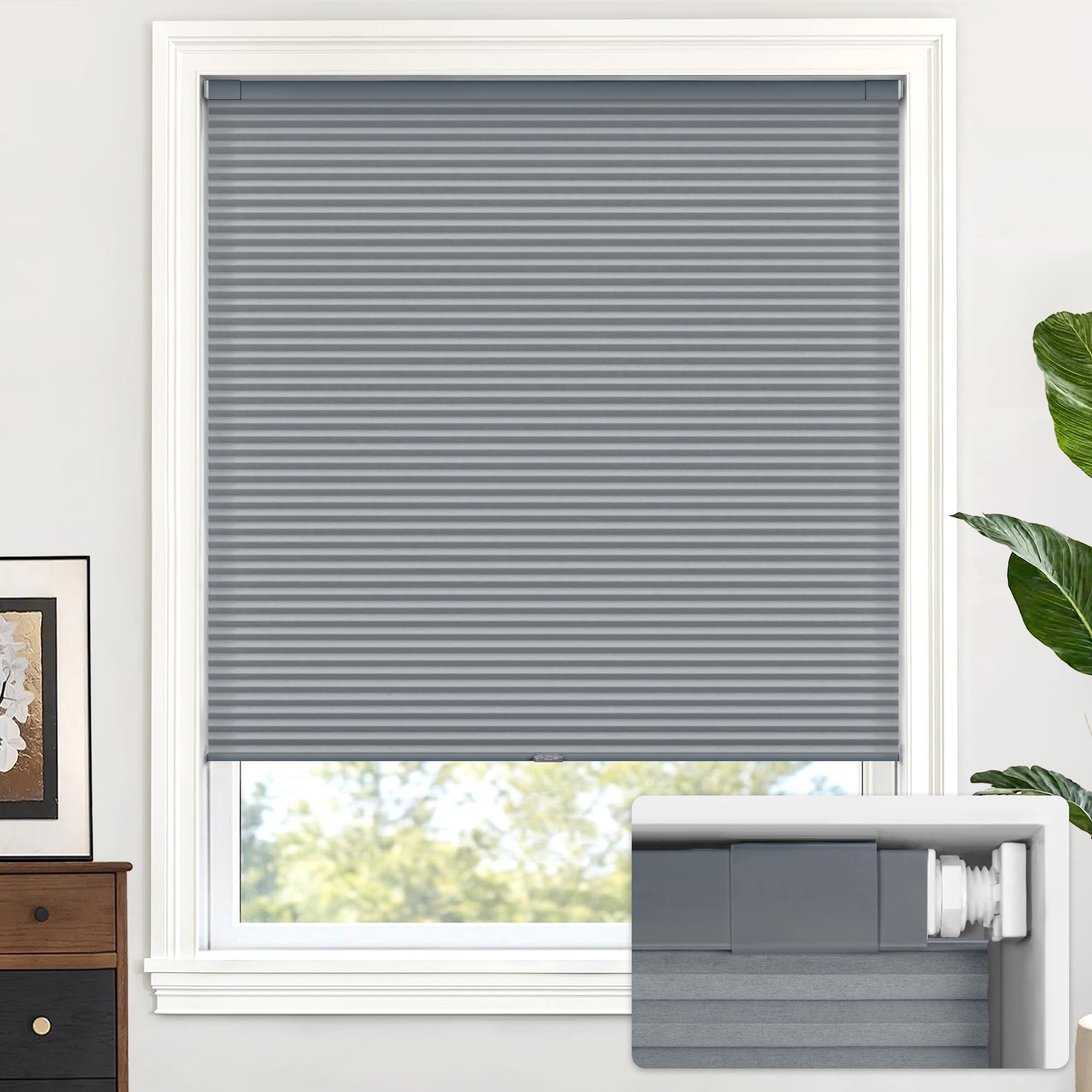 LazBlinds Cordless Cellular Shades, No Tools No Drill Light Filtering Honeycomb Shades Pleated Blinds for Windows, 35'' W x 64'' H, Dark Grey