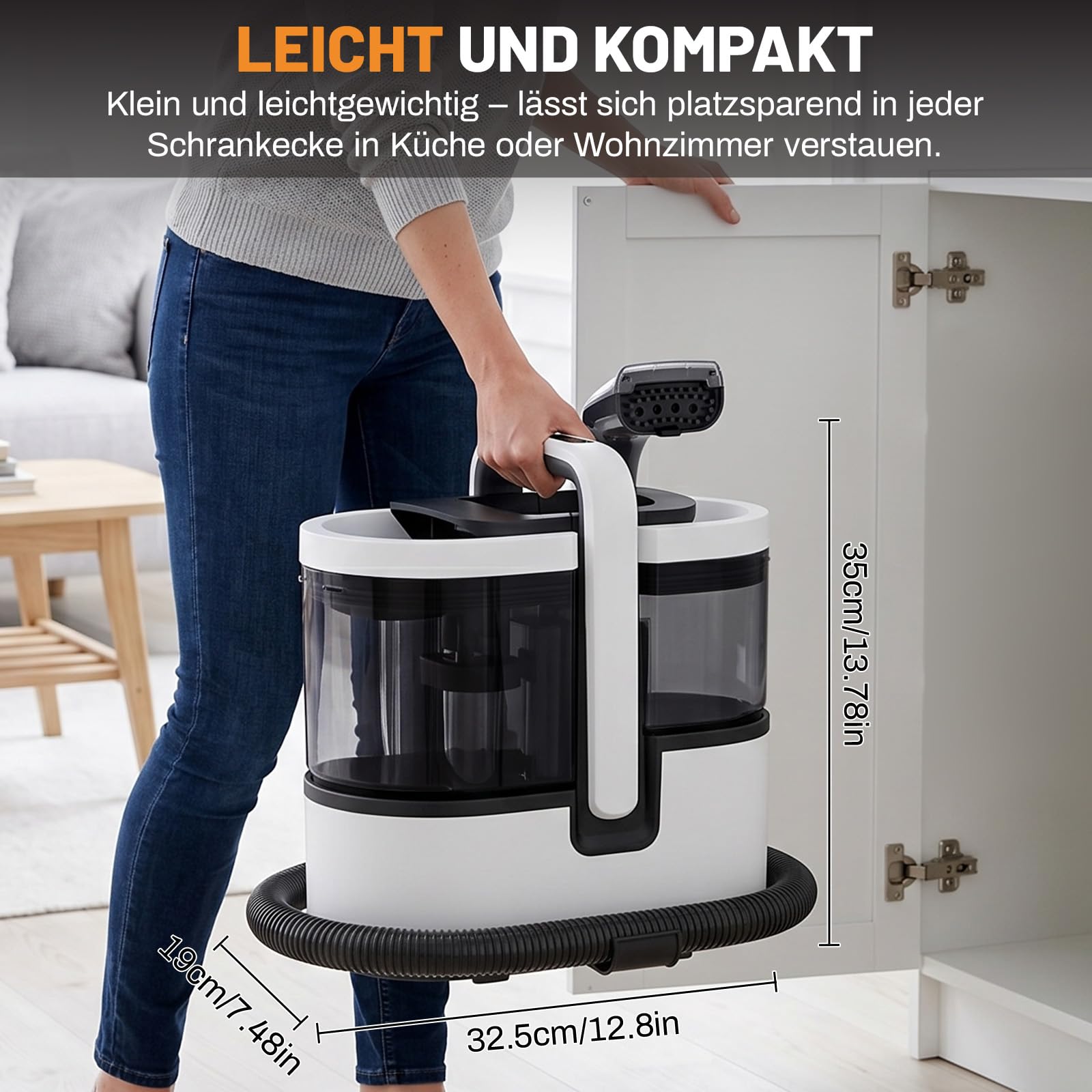 HJH Polsterreiniger Gerät Teppichreiniger 1800W, 100°C Steam Cleaner Schnellheizung, 18Kpa Nasssauger mit Starker Saugkraft, Tragbarer Dampfreiniger für Sofa, Teppich, Polster, Vorhänge, Autositz