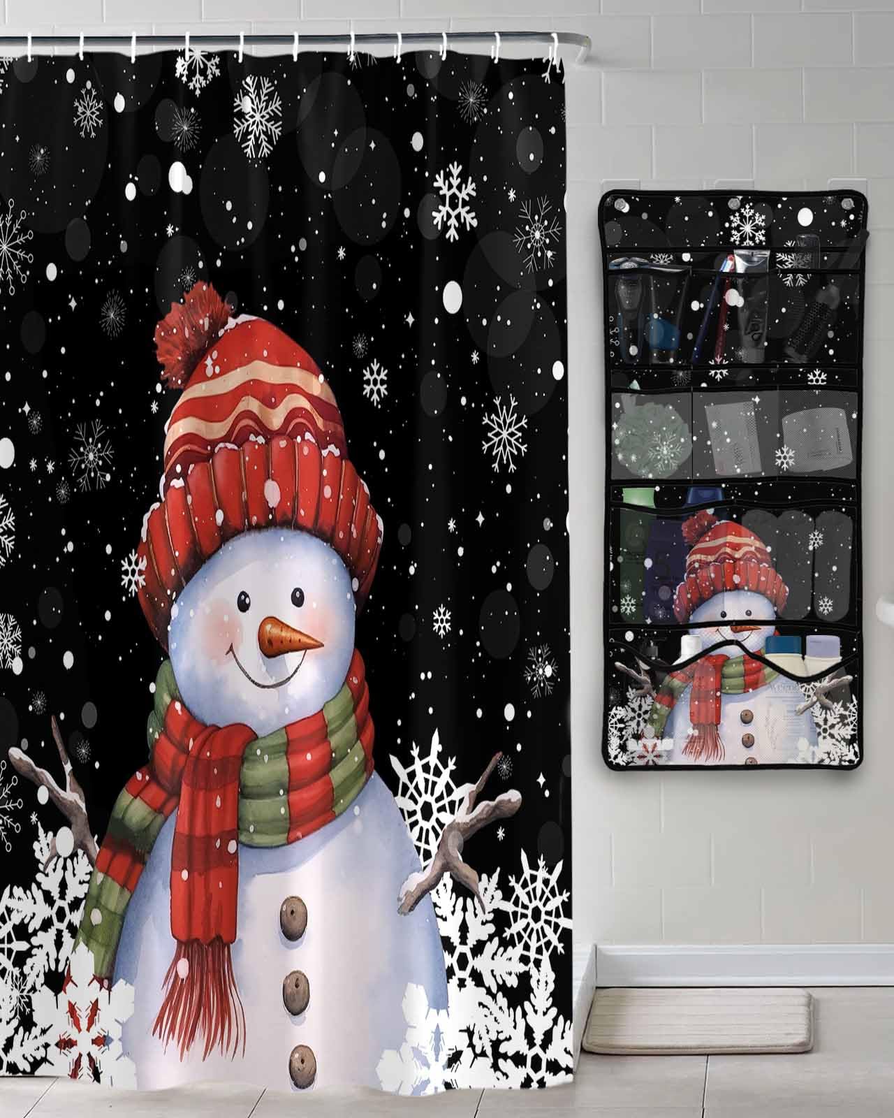 Shower Curtain Mesh Shower Organizer Hanging Set Christmas Snowman with Cap Xmas Tree Snowflake Black Waterproof Shower Curtains