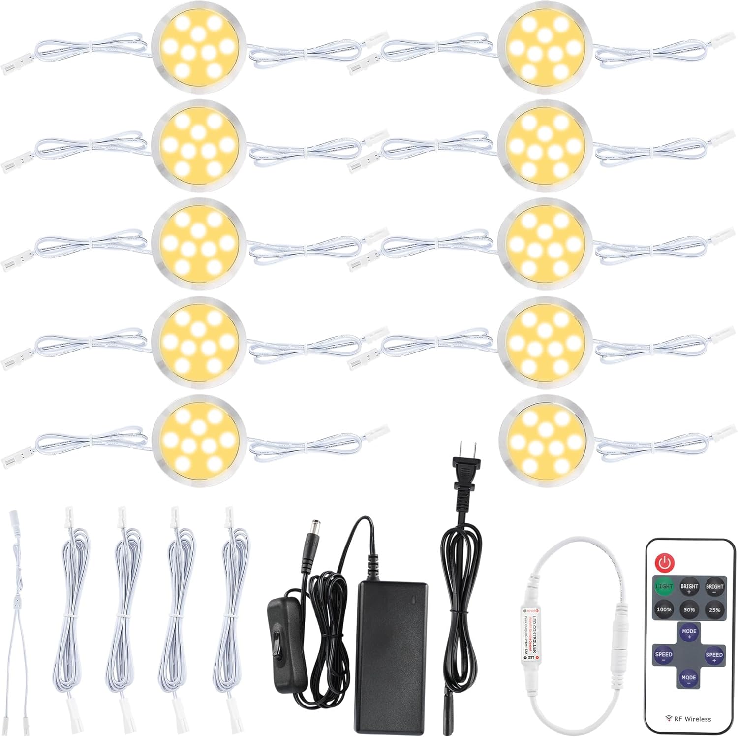 Under Cabinet Lighting Hardwired, Linkable and Remote Control Dimmable LED Puck Lights Kit, 110 Volt Wall Plug-in Closet Light for Bookcase Accent Lighting, 10 Lights, Warm White