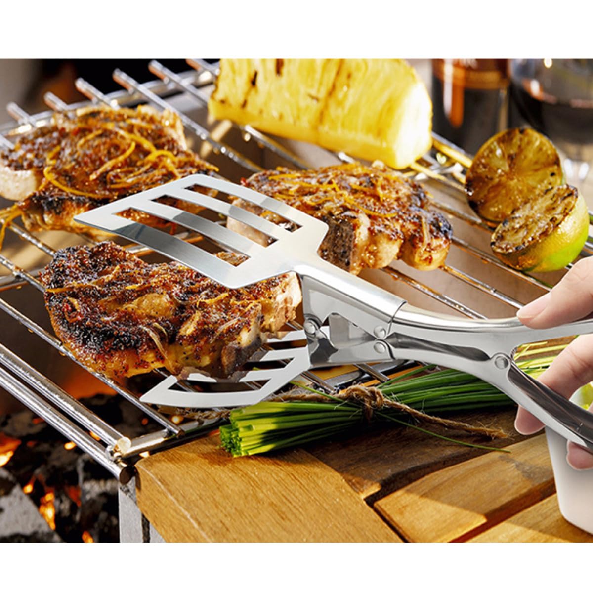 Pinzas Diseño Ranurado Cabeza Cuadrada de Acero Inoxidable para Servir para Drenar Grasa Resistentes al Calor para Barbacoa y Cocina en Hotel o Fiesta