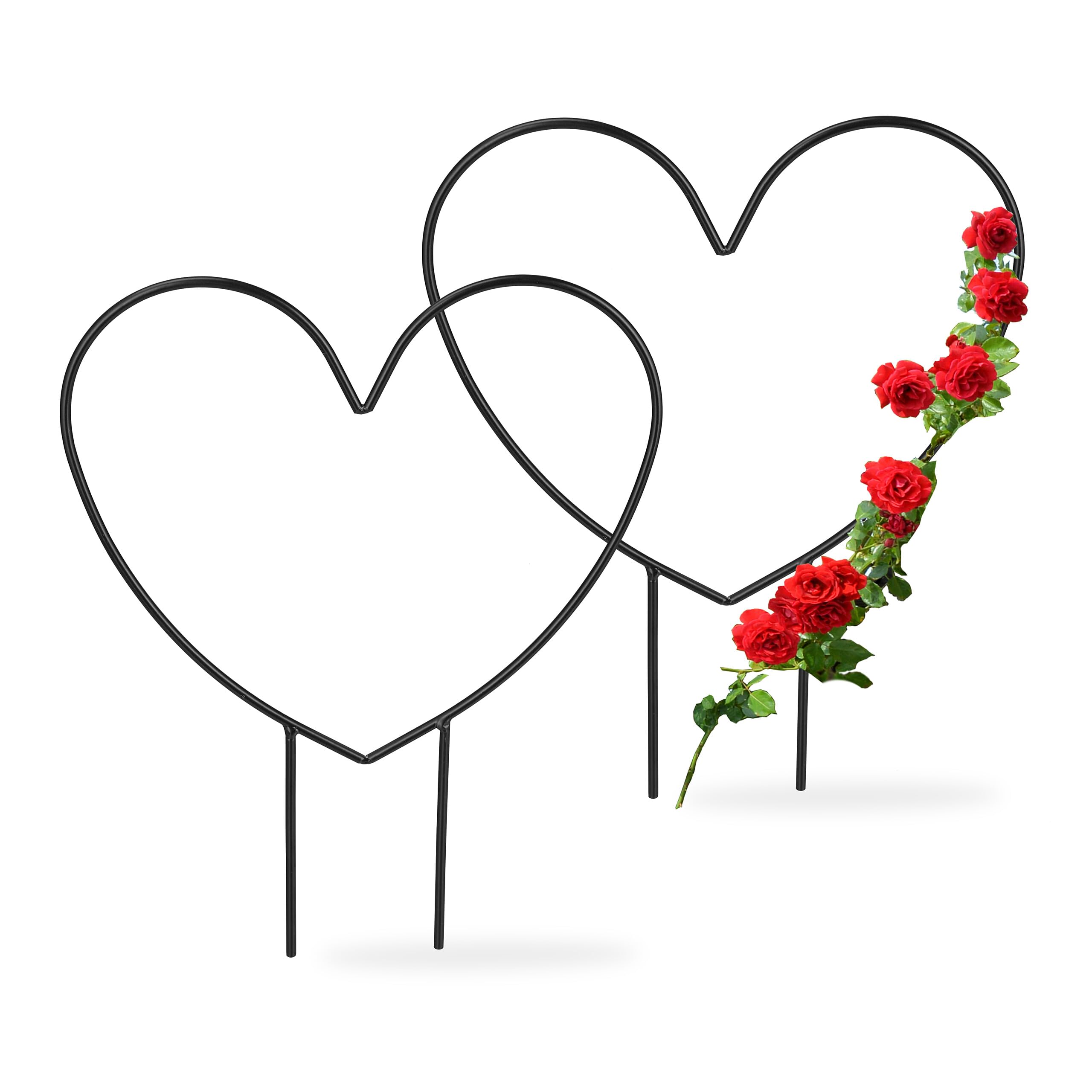 Relaxdays 2x Climbing Aid Heart, Metal, Trellis for Pot and House Plants, HxWxD: 32 x 25 x 0.5 cm, Flower Support, Black