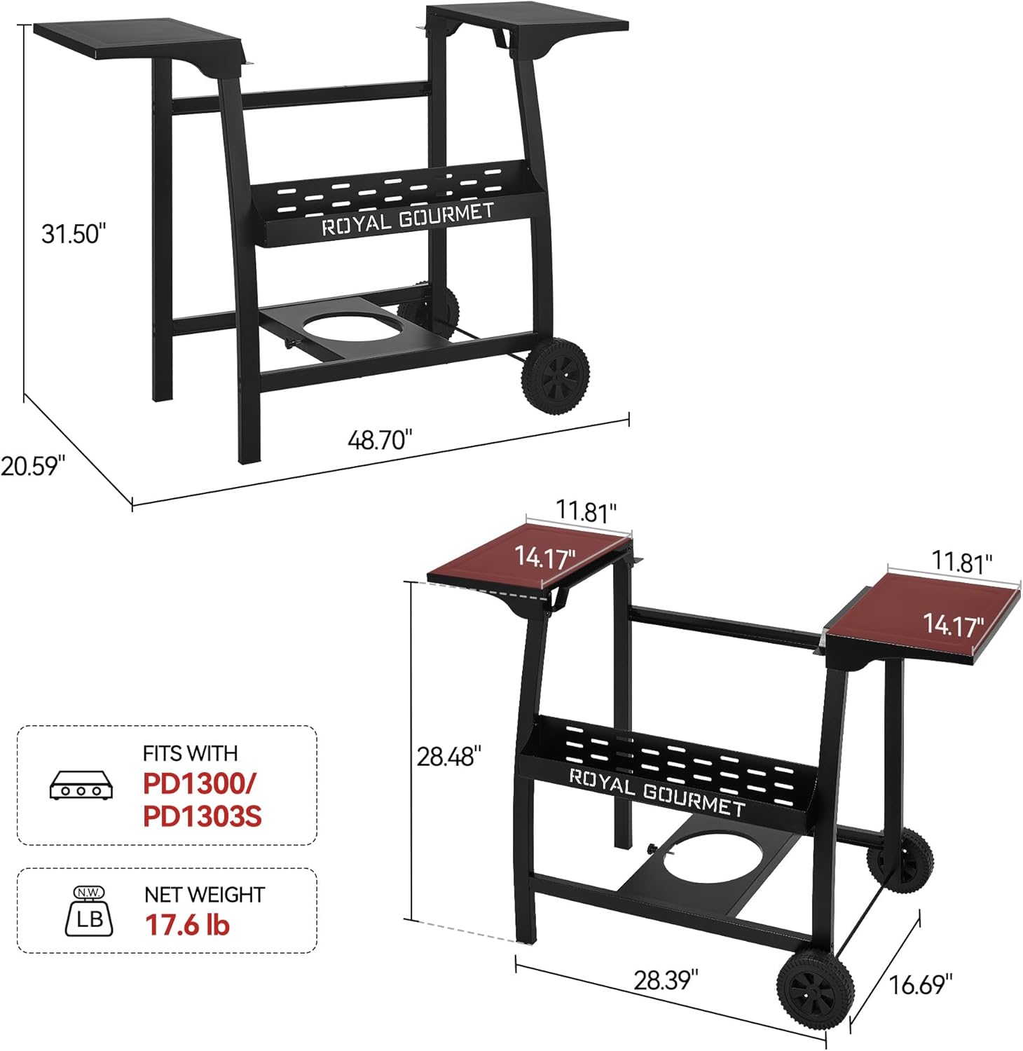 Tabletop Griddle Stand with Basket and Side Shelves, LP Cylinder Holder,Easy Mobility, Cart Frame for Portable Gas Griddles, Ideal for Outdoor and Patio Grilling, Black, PD1300T-SC