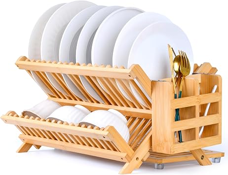 Foldable Bamboo Dish Rack with Utensil Holder 3-Tier Space-Saving Countertop Organizer, Collapsible Drying Rack for Plates, Cups, Cutlery Natural Wood