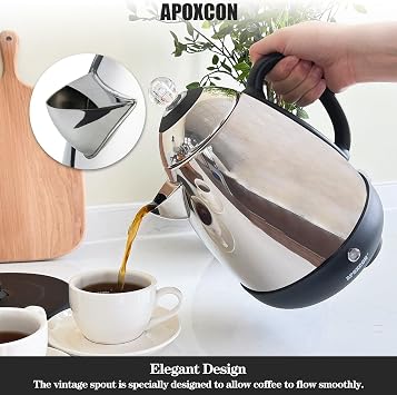 APOXCON Electric Coffee Percolator, Stainless Steel, with Clear Brew Progress Knob, No-Drip Spout, Auto Keep Warm, Cordless Serving, 10 Cup, Silver