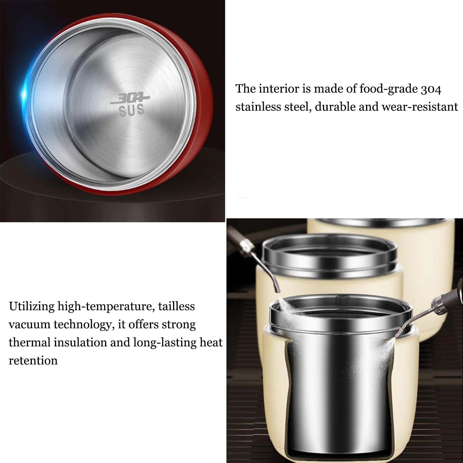 Vnook Isolierter Lebensmittelbehälter, Warmhaltebehälter, Lunchbehälter, 304 Edelstahl, mit Faltbaren Löffel und Thermotasche, für Speißen, Suppe, Brei, Joghurt(Red,1.2L)
