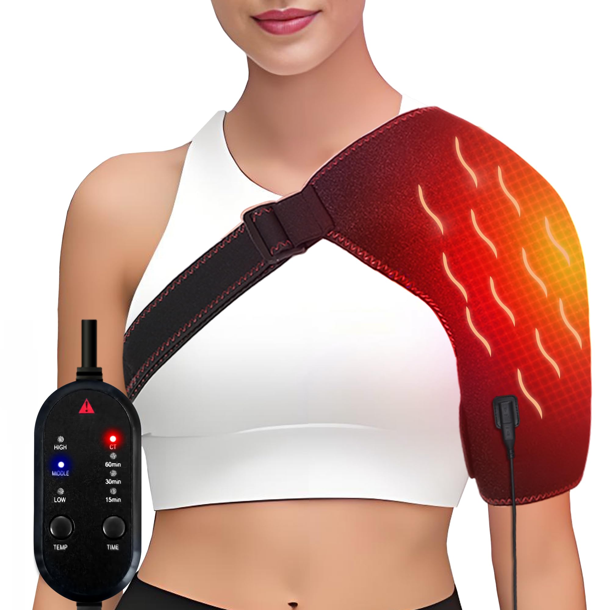 Termoforo per spalla, Tutore Spalla Riscaldato, con 3 impostazioni di calore e tempo, bendaggio termico per spalla sinistra/destra, con alimentatore S/M (non wireless)