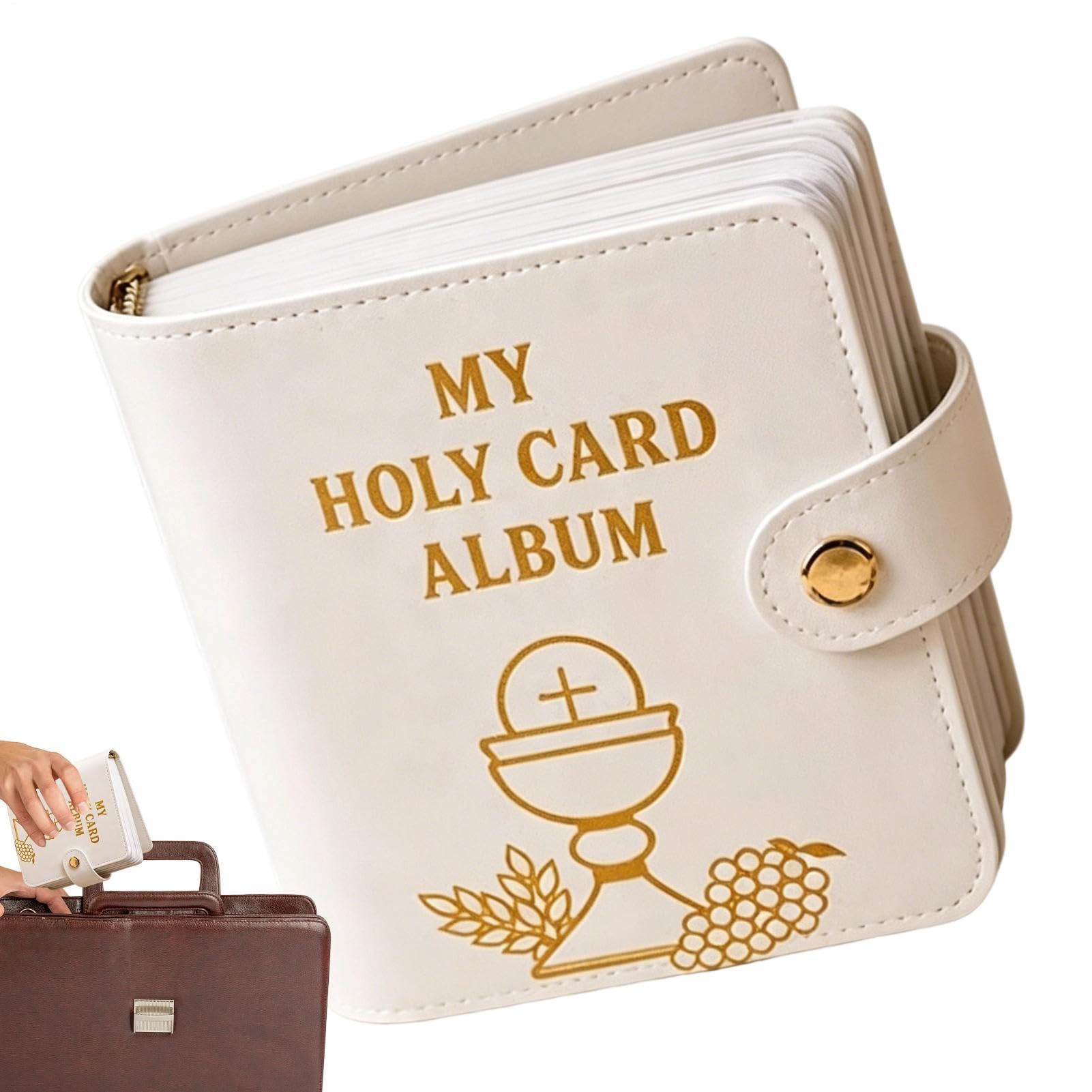 Prayer Card Holder, Holy Card Album Fits 40 Cards, PU-Leather Cards Holder with Snapping Closure, Religious Keepsake Pocket Carrying Case for Religious Funeral