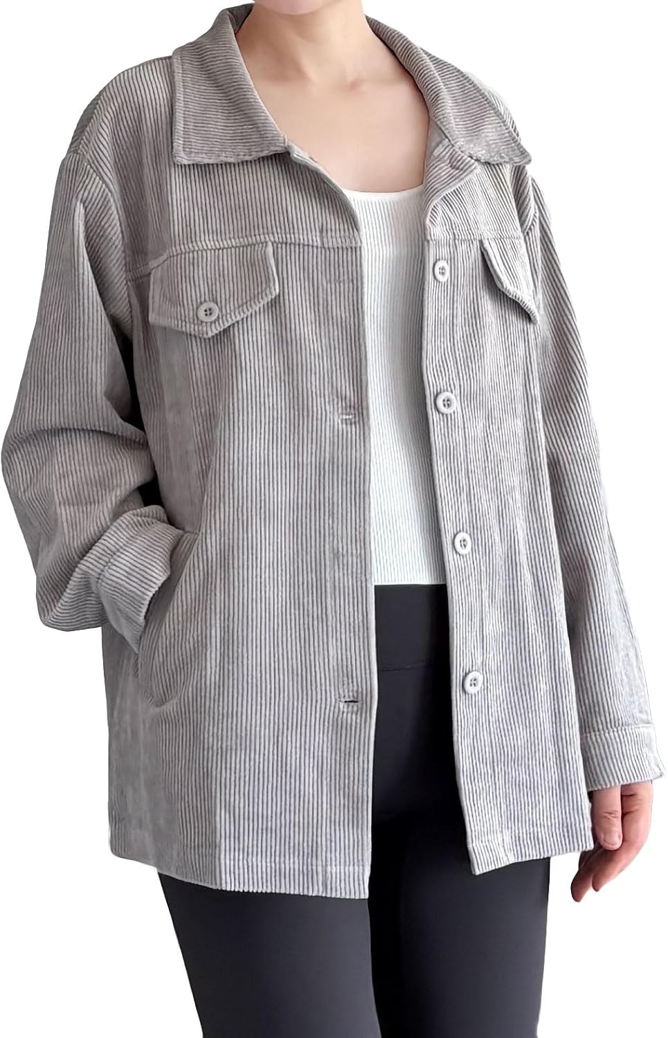 FTCayanz Women's Corduroy Shacket Jacket Long Sleeve Button Down Shirts Coats Tops with Pockets