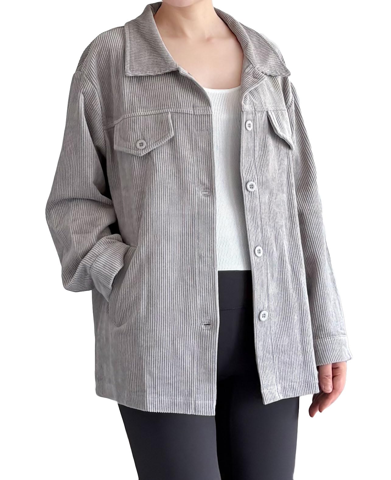 Women's Corduroy Jacket Long Sleeve Shacket Button Down Shirts Casual Coats Tops with Side Pockets