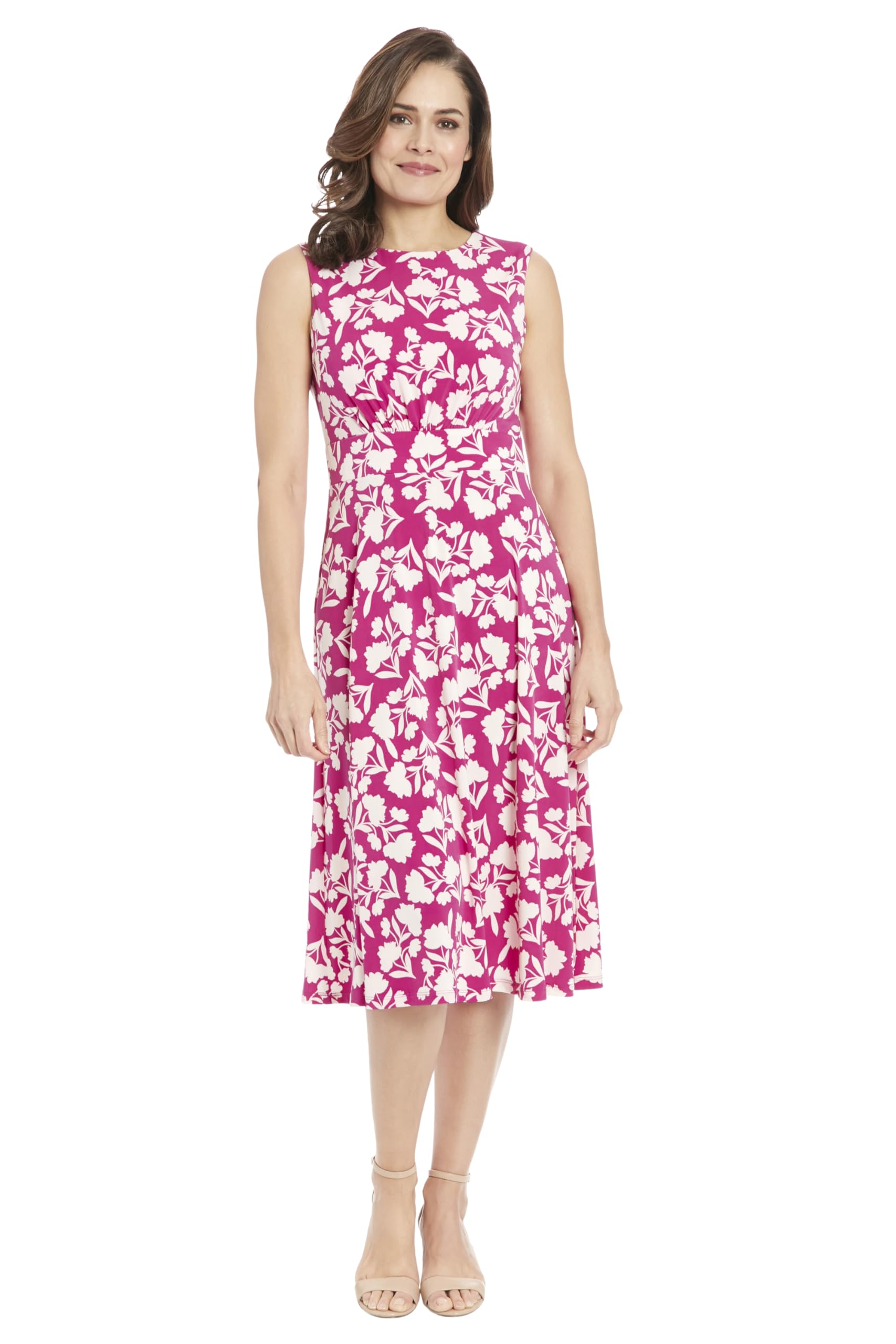London Times Women's Sleeveless Inset Waist Midi Fit and Flare Dress