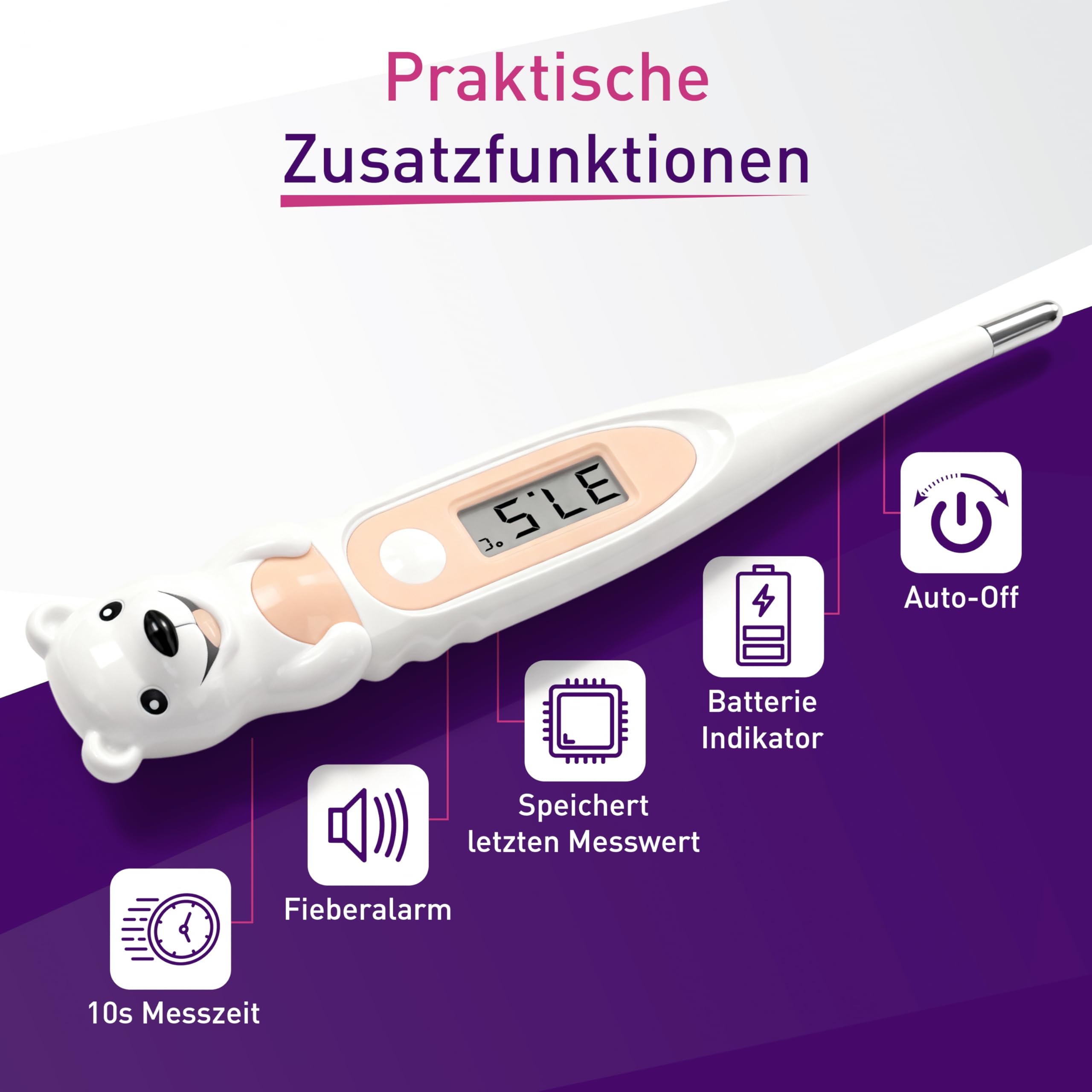 scala SC 44 flex cyfrowy termometr dla niemowląt i dzieci – czas pomiaru 10 s, elastyczna końcówka, alarm gorączkowy, wodoszczelny – oralny, doodbytniczy i pachowy – motyw niedźwiedzia polarnego
