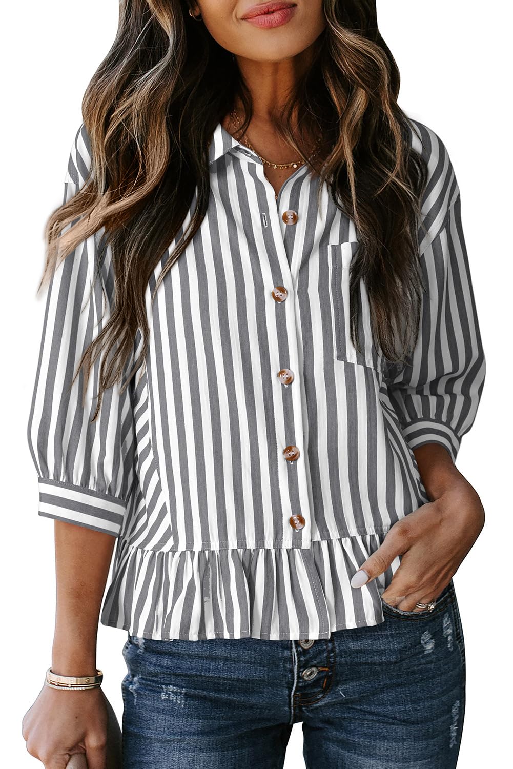 Dokotoo Cropped Button Down Striped Shirt