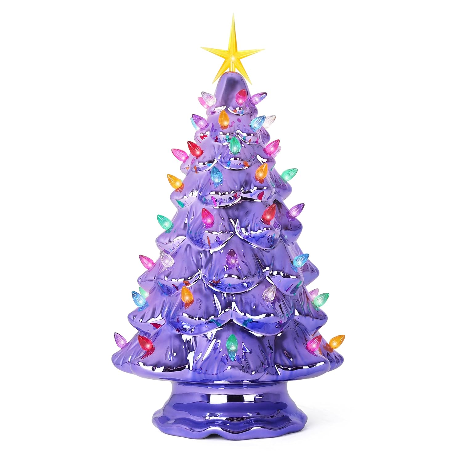 Milltown Merchants Lighted Vintage Ceramic Christmas Tree - 15.5" Large Pearl Violet Tabletop Tree with Multicolored Lights