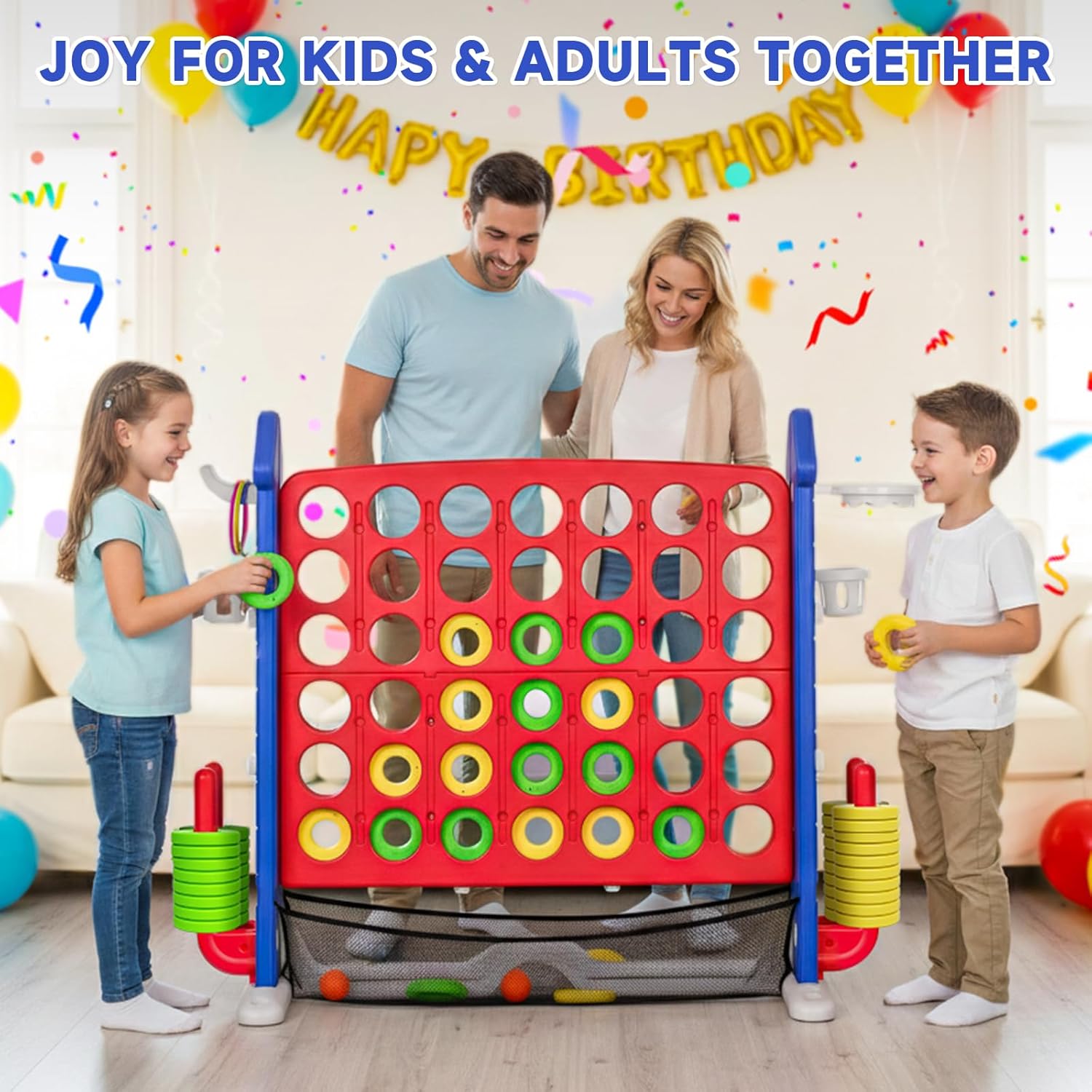 Giant 4 Connect in a Row Game Outdoor, Height Adjustable Jumbo 4-to-Score Yard Games Set with Basketball toy, Ring Toss Golf Play for Kids & Adults Outdoor Indoor Family Holiday Party Game Gift