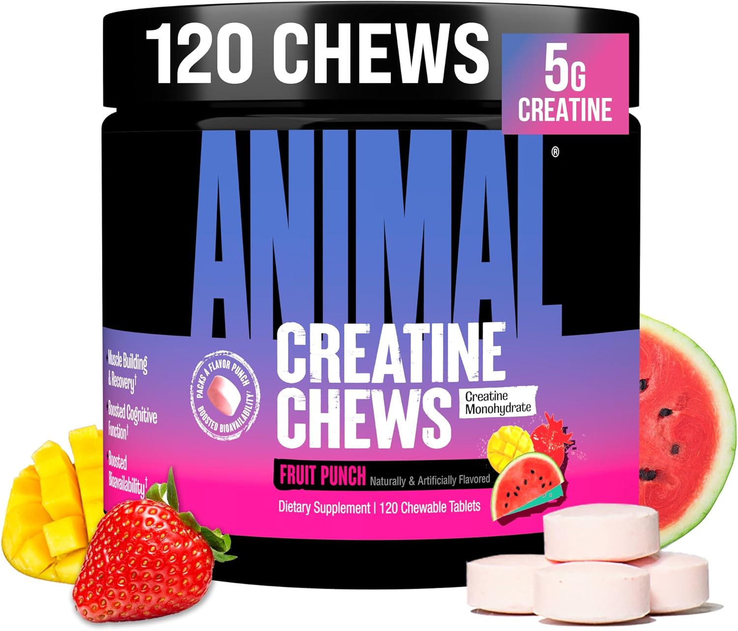 Animal Creatine Chews Tablets - Enhanced Creatine Monohydrate with AstraGin to Improve Absorption, Sea Salt for Added Pumps, Delicious and Convenient Chewable Tablets - Fruit Punch