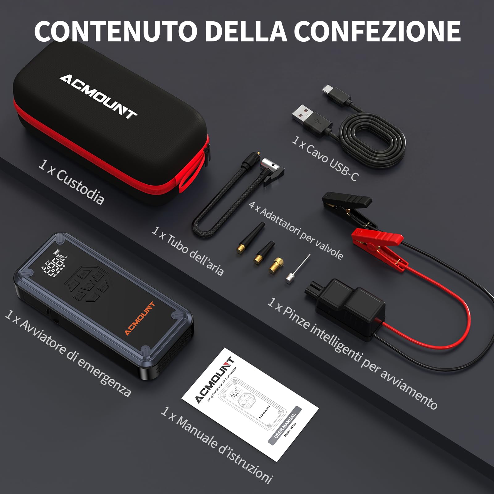 ACMOUNT Avviatore Batteria Auto 7000A, Booster Avviatore Auto con Compressore 150PSI (Per Benzina 9L/Diesel 8L) Starter Batteria Portatile 12V Jump Start con Ricarica Rapida 18W, LED & LCD