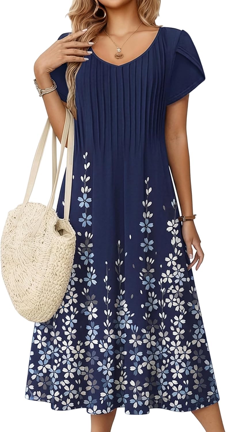Zeagoo Women Midi Dresses for Summer 2026 Short Sleeve Casual Flowy Dress A Line Pleated V Neck Beach Sundress with Pockets