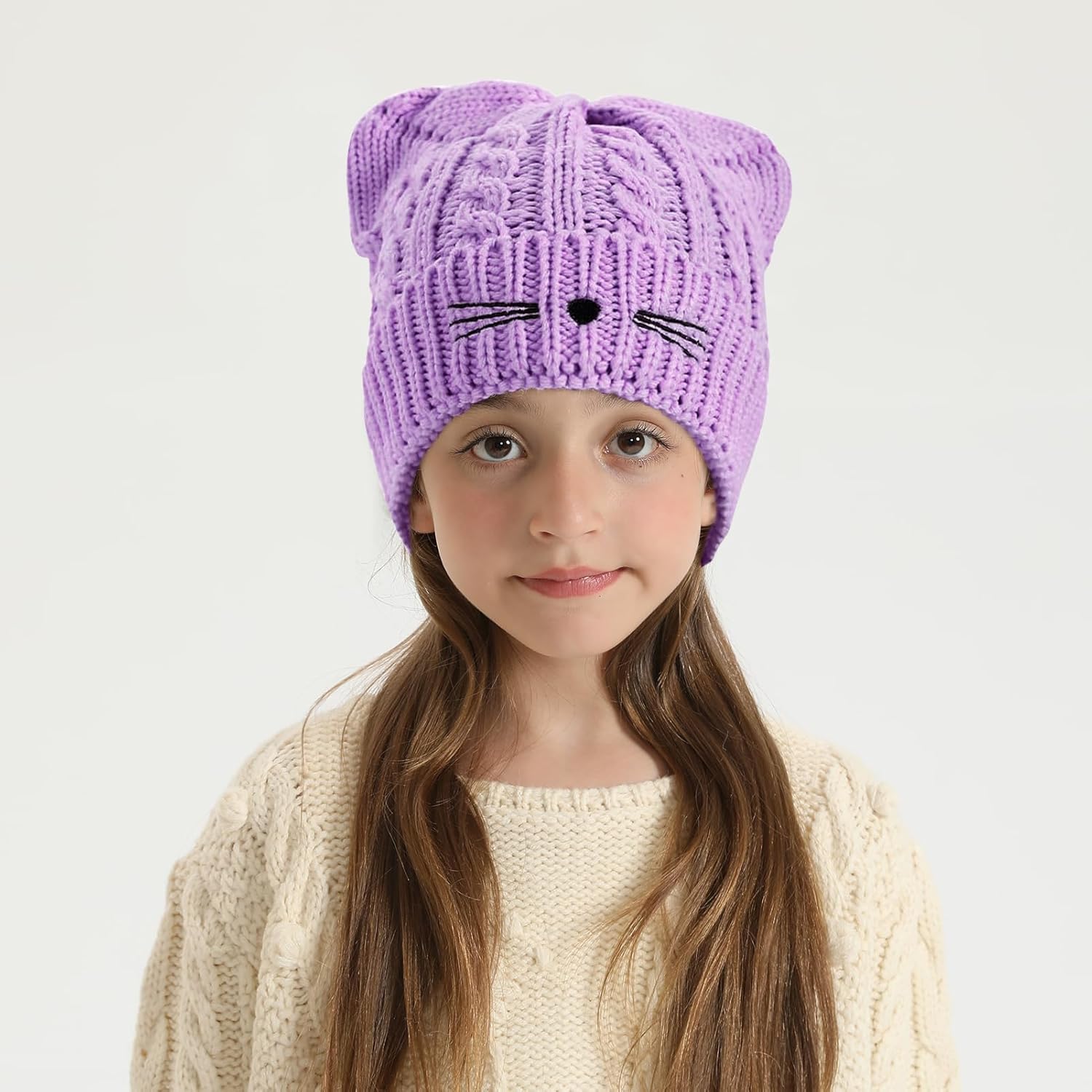 Kids Girls Cat Ear Hat Winter Warm Knit Beanie Cute Ski Skull Cap for Ages 7-12 - Image 6