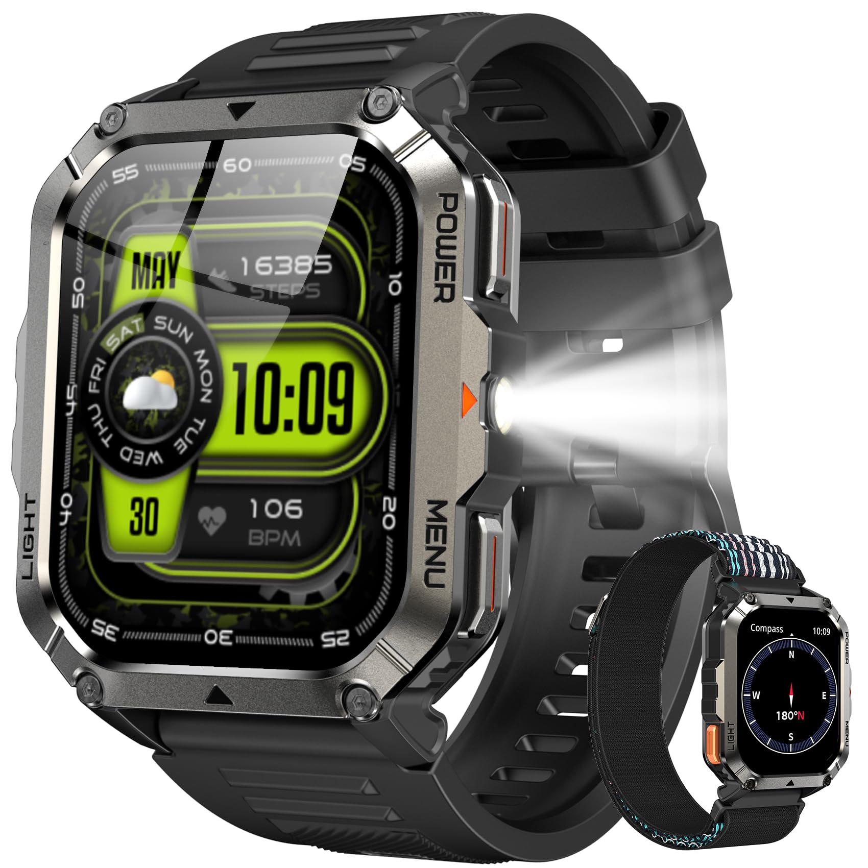 IOWODO Militär Smartwatch Herren,100 Tage Akku, LED Taschenlampe, Bluetooth-Anrufe, Kompass, 100+ Sportmodi, Herzfrequenz- & SPO₂-Monitor, IP68 Wasserdicht, Schlafüberwachung