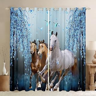Boys Horse Curtains Cherry Blossom Branches Steed Kids Window Curtains for Bedroom Living Room for Girls Teens Galloping Horse Window Drapes Dreamy Blue Decor Window Treatments 38W X 45Lï¼Œ2 Panels