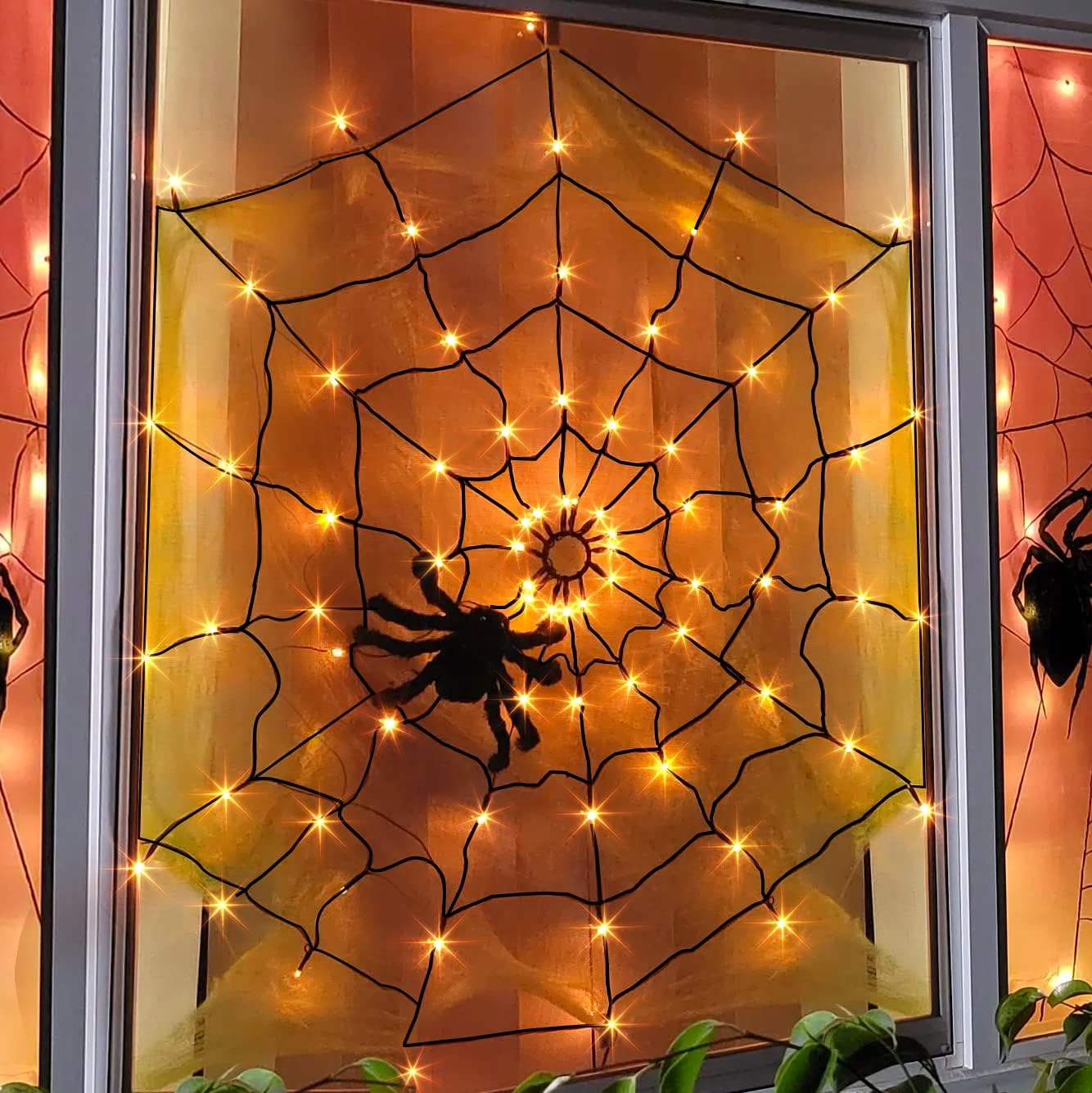 Vanthylit Halloween Spider Web Lights 70LED Orange Lights with Black Spider, Spider Web Light Outdoor Waterproof for Halloween Decorations