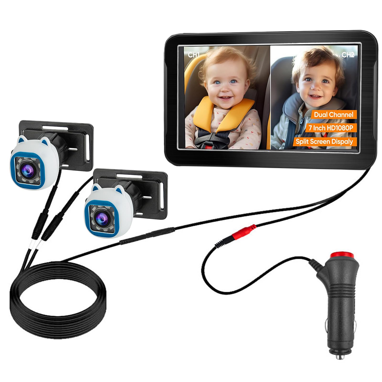 RiToEasysports Kamera Samochodowa dla Dziecka, Dwukanałowa Niania Samochodowa ABS o Rozdzielczości 7 Cali i Rozdzielczości 1080 P z Noktowizorem na podczerwień, Szerokim Kątem Widzenia 150 Stopni i