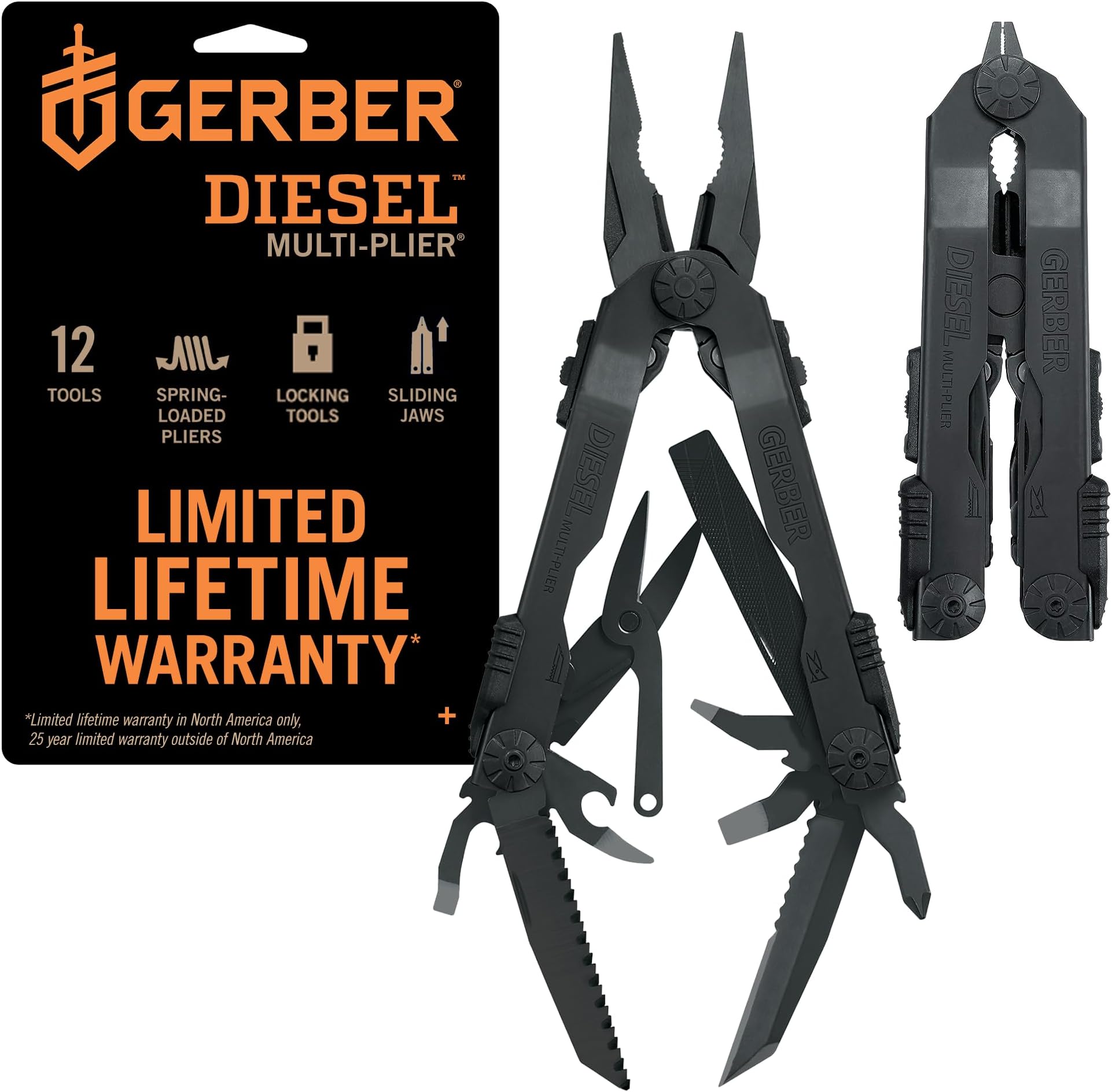 Gear Diesel Multitool Needle Nose Pliers Set, 12-in-1 EDC Multi-Tool Knife, Survival Gear and Equipment, Black