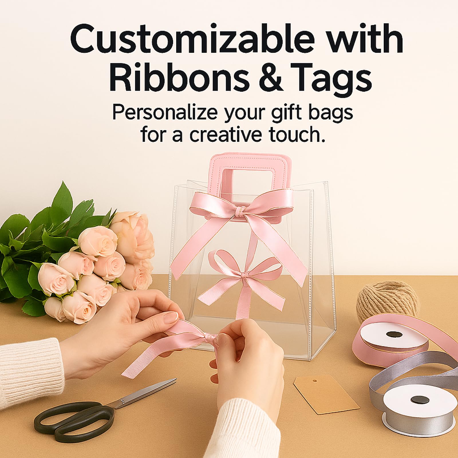 24 bolsas de regalo transparentes con asas y cinta de cola de pez, bolsa de regalo de PVC transparente reutilizable a granel, bolsas de plástico resistentes para boda, cumpleaños, recuerdo de fiesta,
