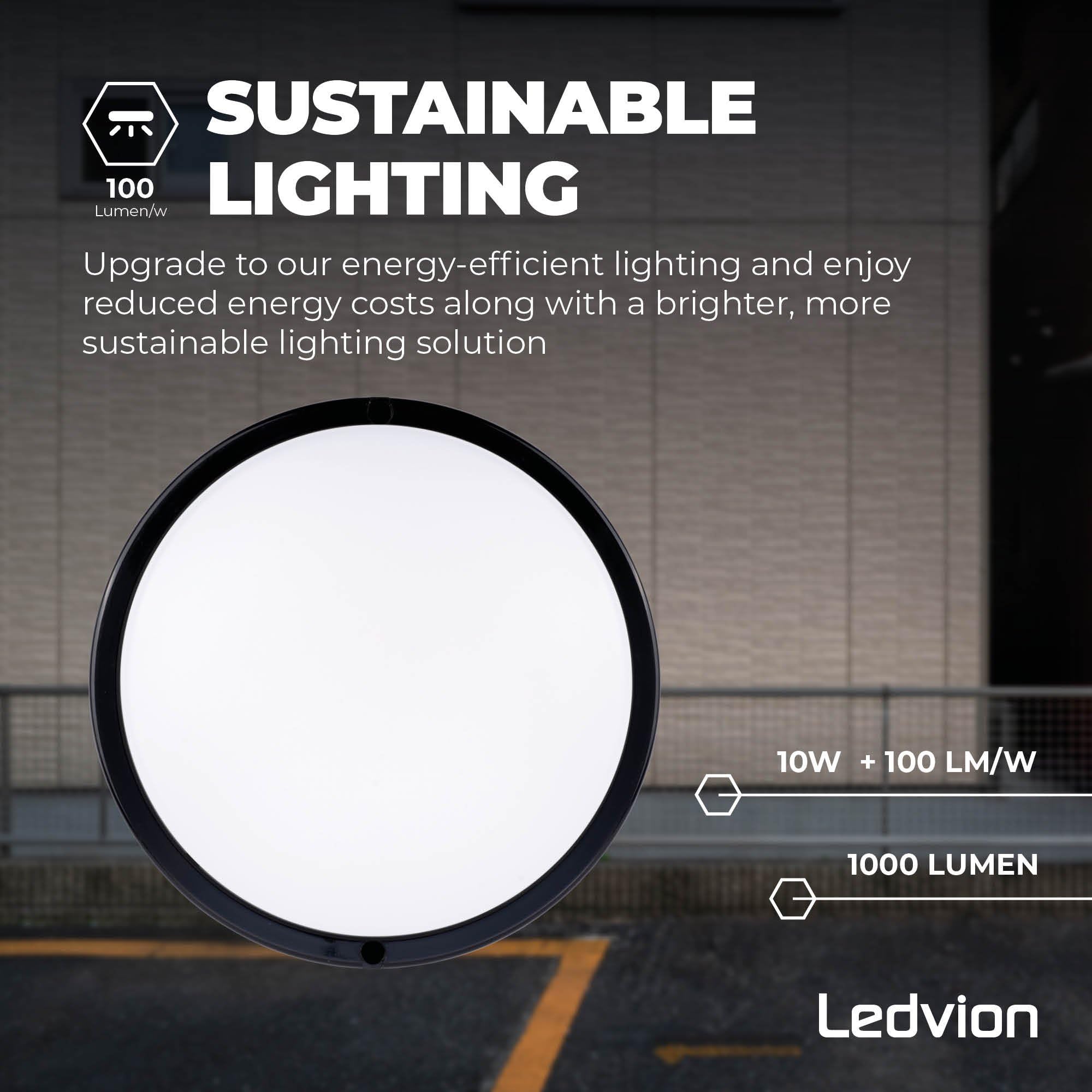 Ledvion - Lampara LED Techo, IP65, 10W, 1000Lm, 2700/4000/6000 K, Negro, 220-240V, Lámpara de Sótano, Aplique de Pared, Interiot, Exterior