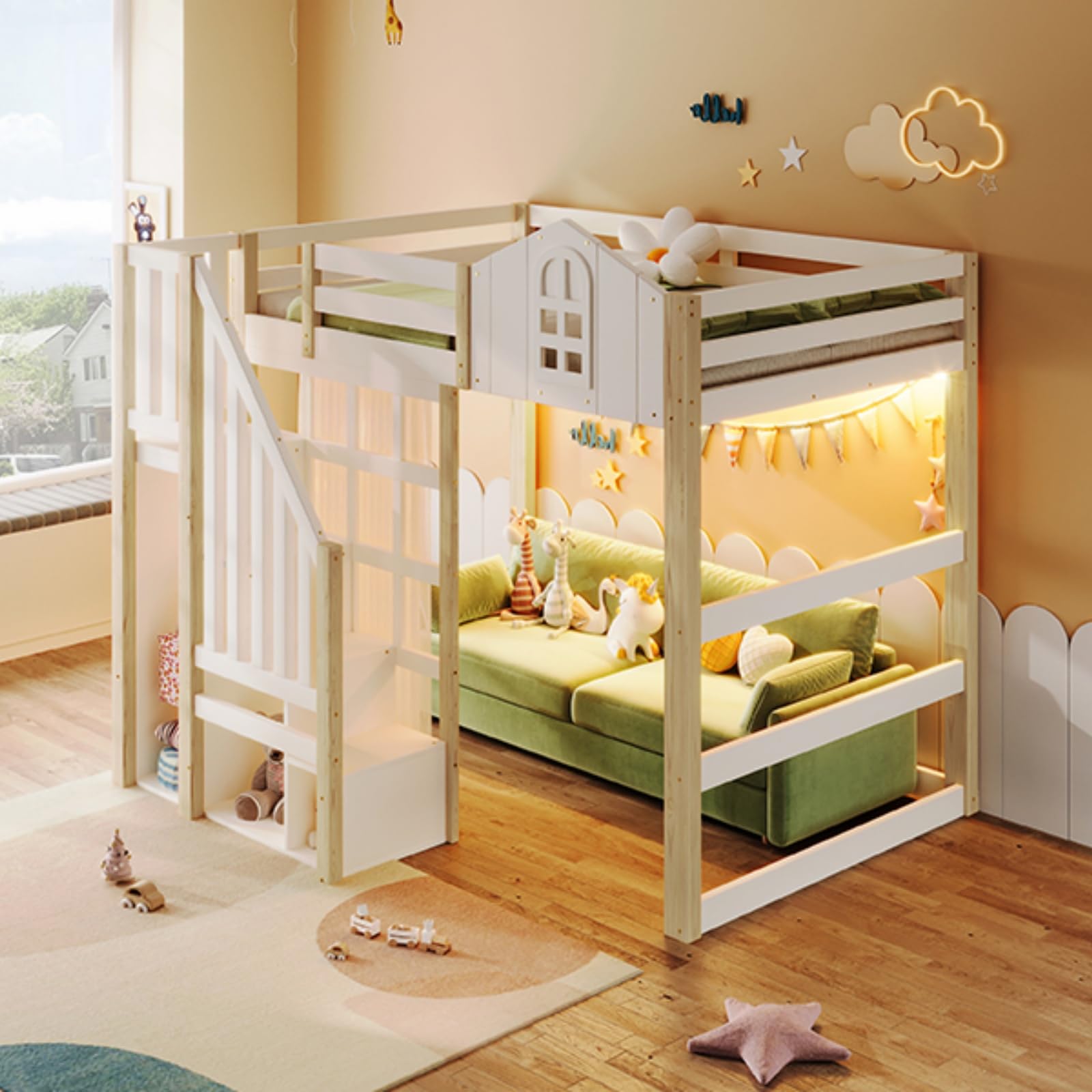 Lit Mezzanine, Cadre de lit pour Adolescent avec éclairage LED, Design de Style fenêtre, échelle de Rangement, Compartiments de Rangement Ouverts, Matelas Non Inclus (140x200cm)