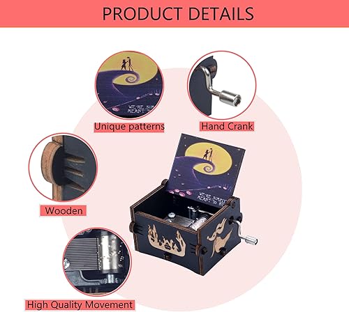 Miniatura 4 de Ddjbdb Caja musical de madera con manivela para regalo del día de San Valentín, melodía - This is Halloween, patrón de impresión, simplemente