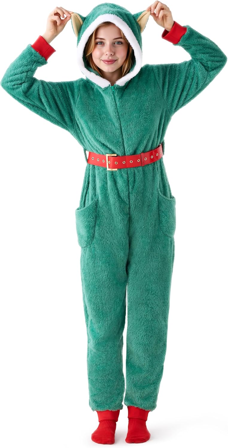Giggling Getup Adult Womens Christmas Pajamas, Sherpa Fleece Pajamas Women, Green Hoody Holiday Jumpsuit