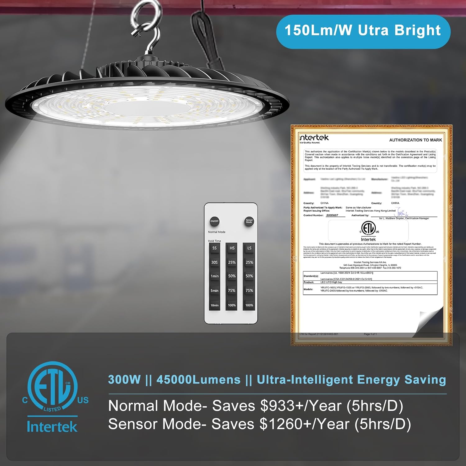 Lightdot 300W Smart LED High Bay Light 45000lm 5000K High Bay LED Shop Lights AC100-277V UFO Light with Remote Control Supports Simple ON/OFF & Motion Sensor Option For Warehouse,Workshop,Garage-6Pack