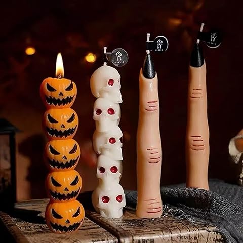 3D Skull & Pumpkin&Finger Taper Candles (4-Pack)–Halloween Soy Wax Candles with Ros...