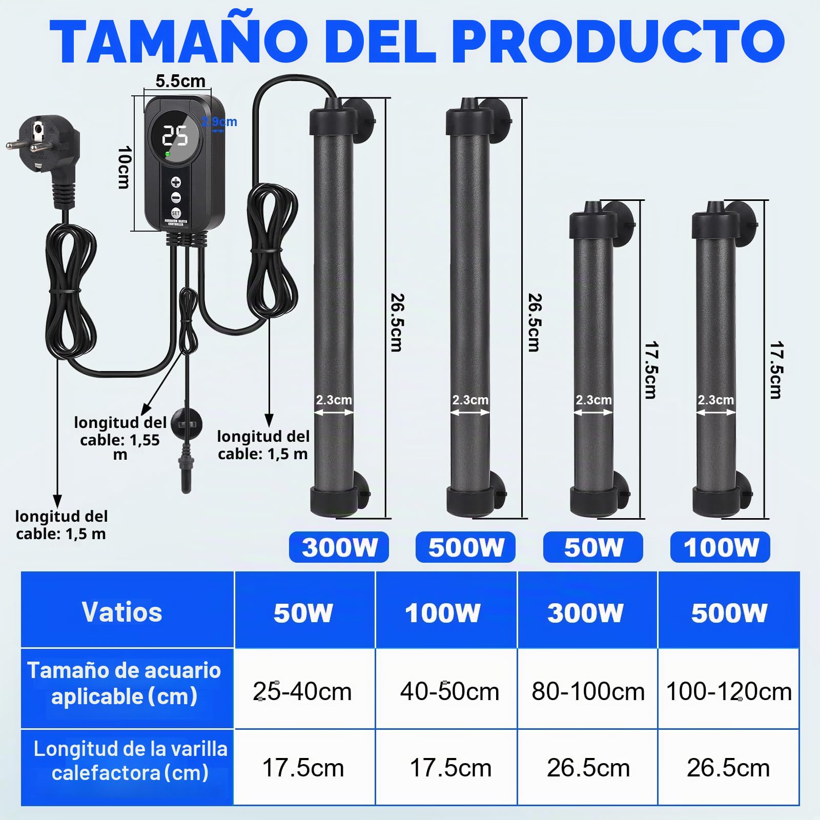 EXLECO Calentador Acuario Tubular de Titanio de 300 W con Controlador de Pantalla LED y Sensor de Temperatura, Calentador de Acuario de Temperatura Ajustable, Adecuado para Peceras de 100-120 L