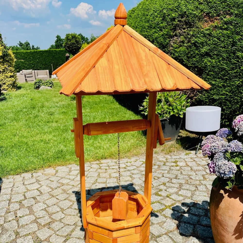 Dekoracyjna fontanna ośmiokątna z drewna, brązowa, wysokość 130 cm, fontanna ogrodowa, impregnowana