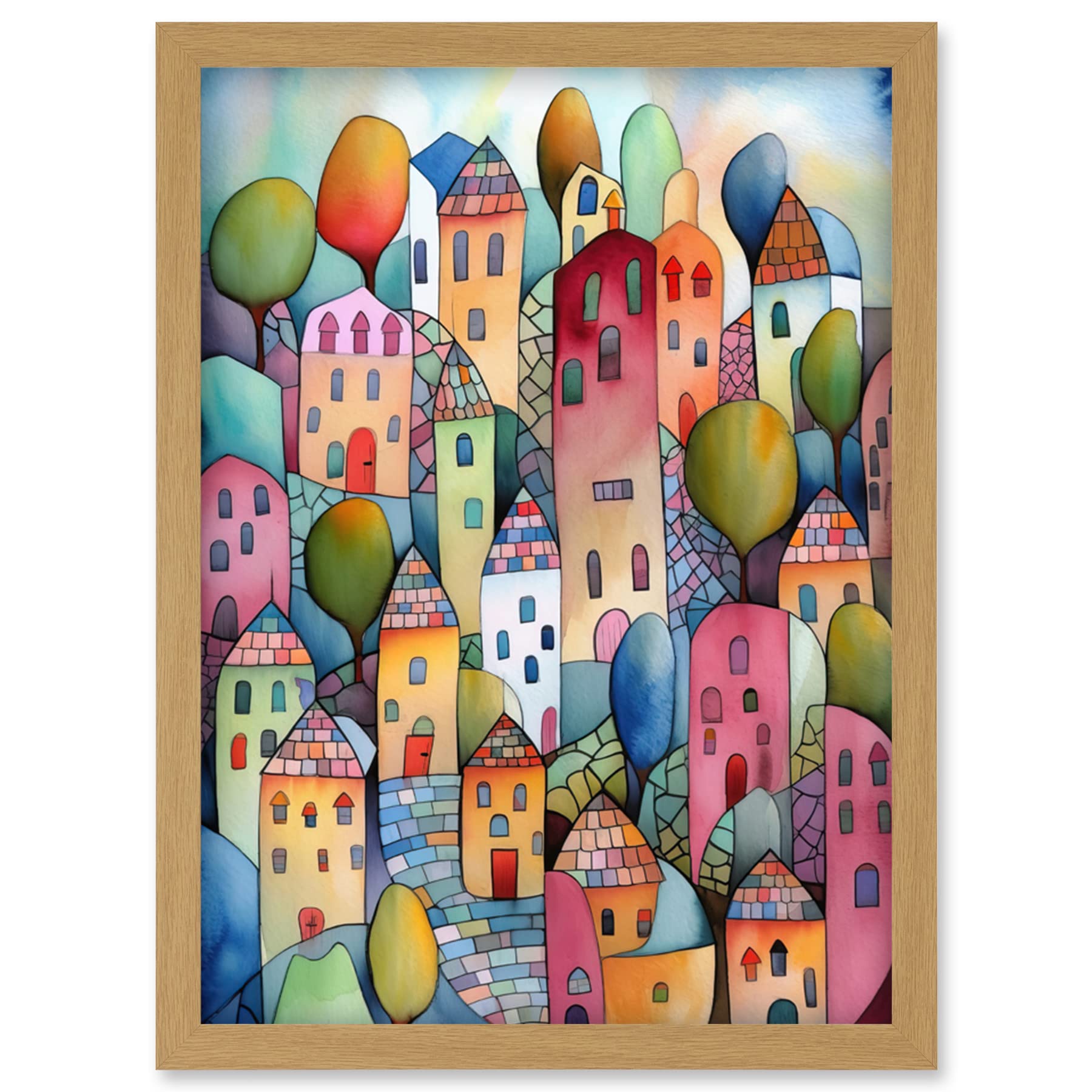 Artery8 Village On The Hill Cobble Streets Folk Art Artwork Framed Wall Art Print A4