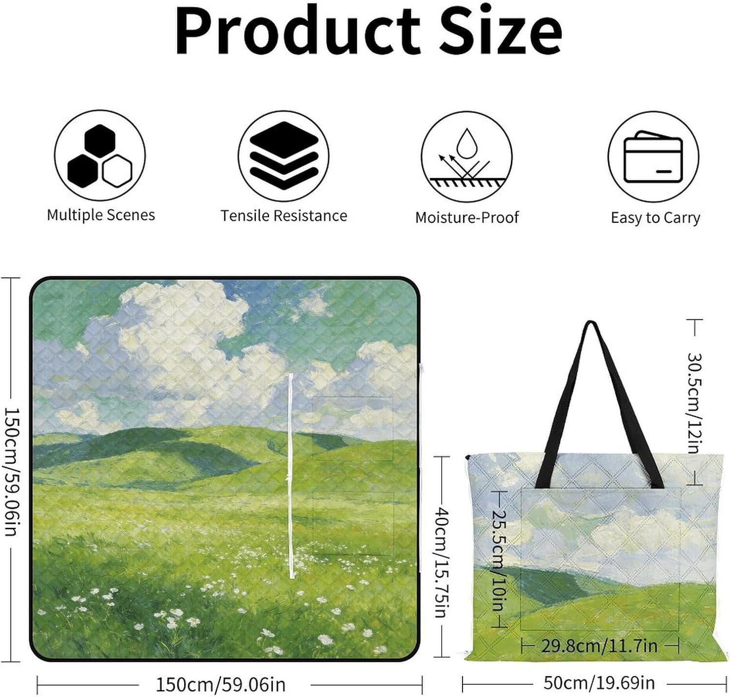 Green Oil Painting Picnic Blanket with Zipper Water Resistant Sand Free Picnic Mat Washable Foldable Easy Carry Beach Blanket for Lawn Beach Hiking Camping