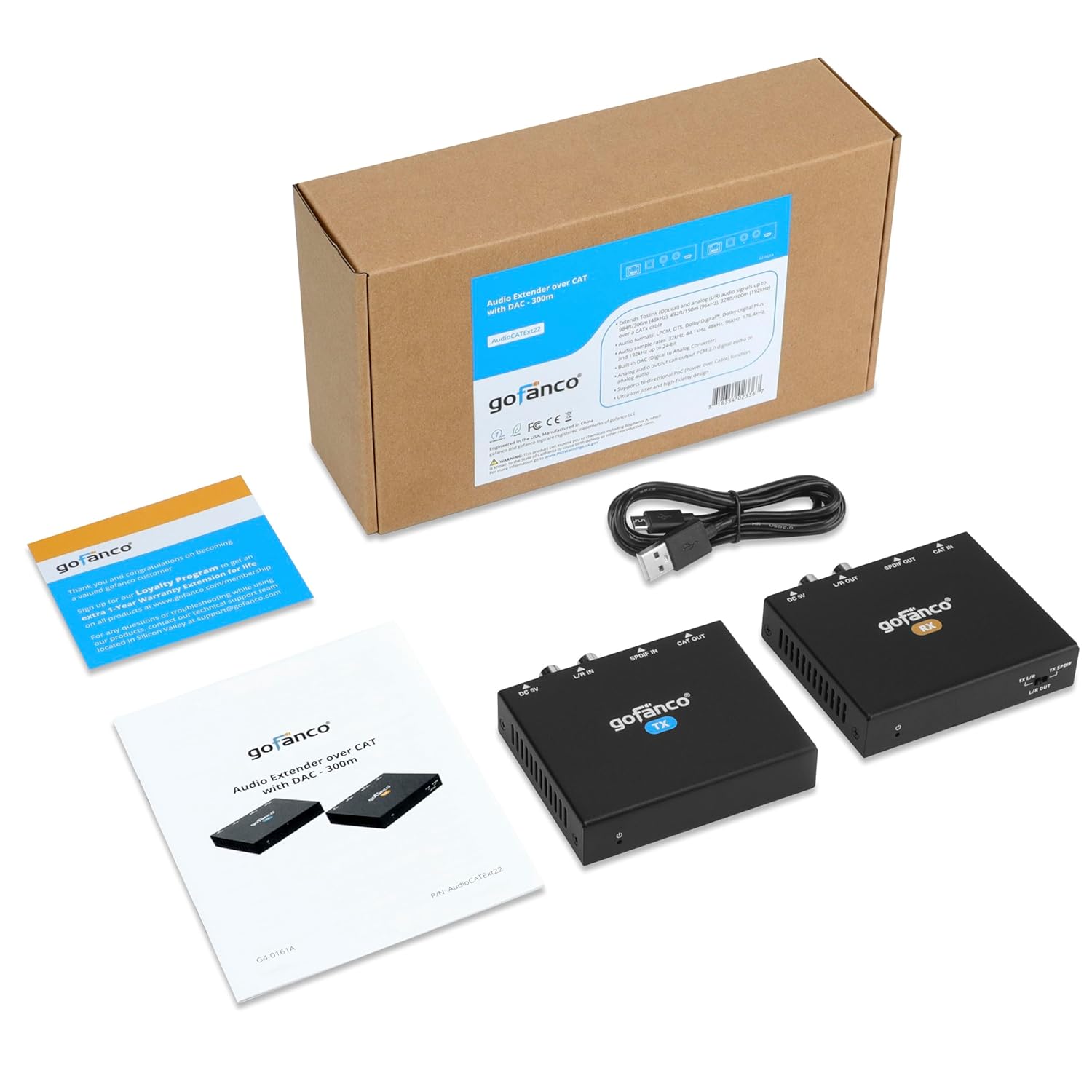 gofanco Audio Over Ethernet CAT5e/6 – Zero Latency, Embedded DAC, Ultra-Low Jittery, High-Fidelity, Toslink & L/R Analog, 984ft, Dual PoC, LPCM, Dolby Digital 5.1, PCM 2.0, 192KHz (AudioCATExt22)