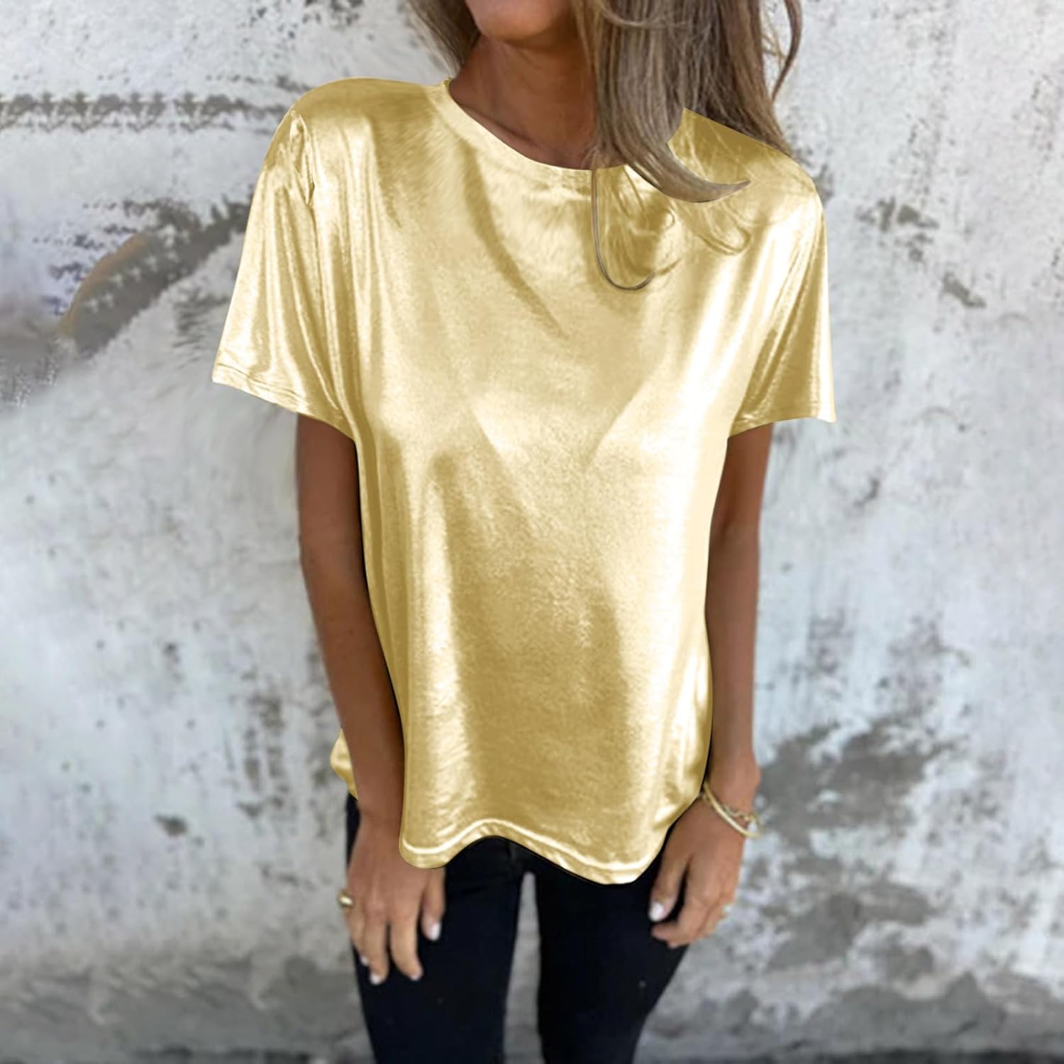 Women's Metallic Tops Short Sleeve Crew Neck Shiny Tees Casual Loose Glitter Sparkle Shirt for Party Club Concert