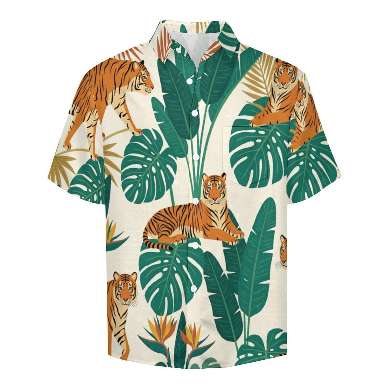 Camicie da Uomo a Maniche Corte con Stampa della Tigre della Giungla Piante Tropicali, Casual Leggere Bottoni Camicia con Tasca Frontale, per Vacanze Spiaggia Estate