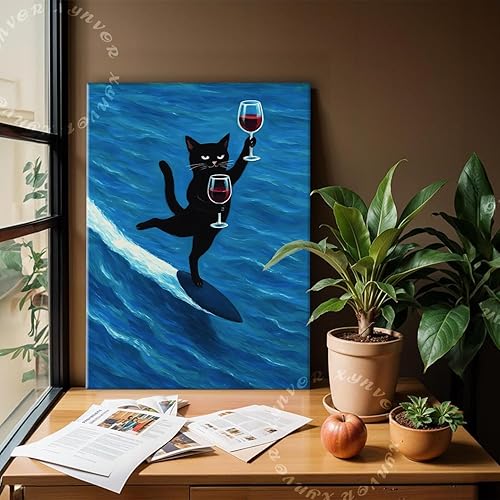 Miniatura 6 de Divertido arte de pared de gato negro con impresión de lienzo de copa de vino, decoración de carrito de bar, pósteres modernos de animales