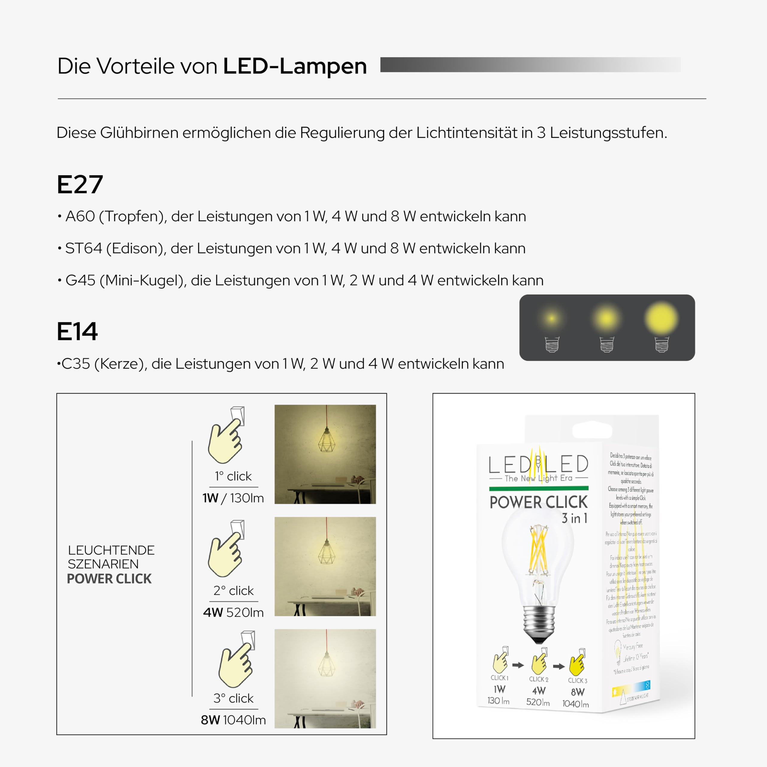 Smart Goccia Power Click 2-4-8W Glühbirne, E27, transparentes Glas, einstellbare Intensität, 2700K warmes Licht, gerader LED-Glühfaden, 960 Lumen, 10er-Pack