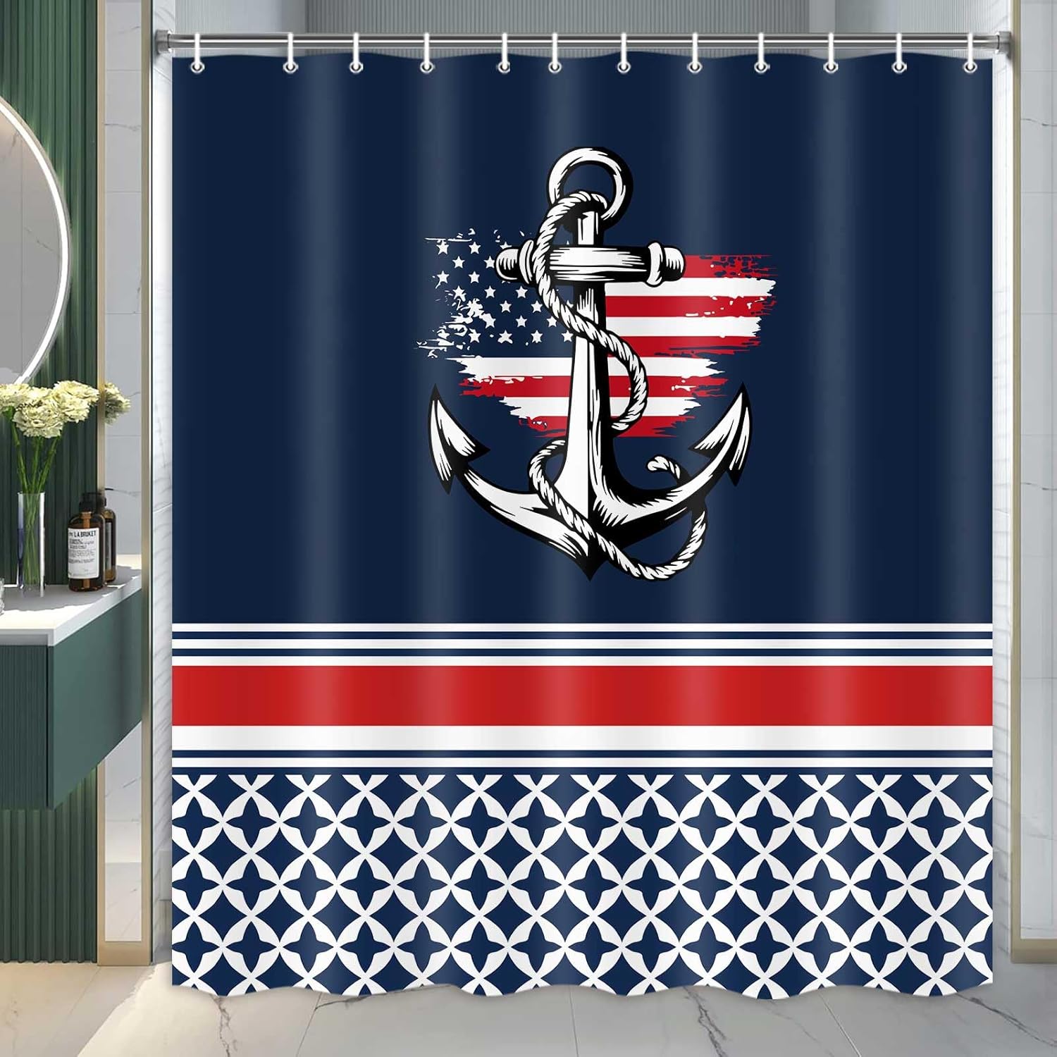 Nautical Anchor American Flag Shower Curtain, Navy Blue Strip Geometric Patriotic Bathroom Decor 72 x 72 Inch Polyester Fabric Waterproof Bath Curtain with 12 Hooks