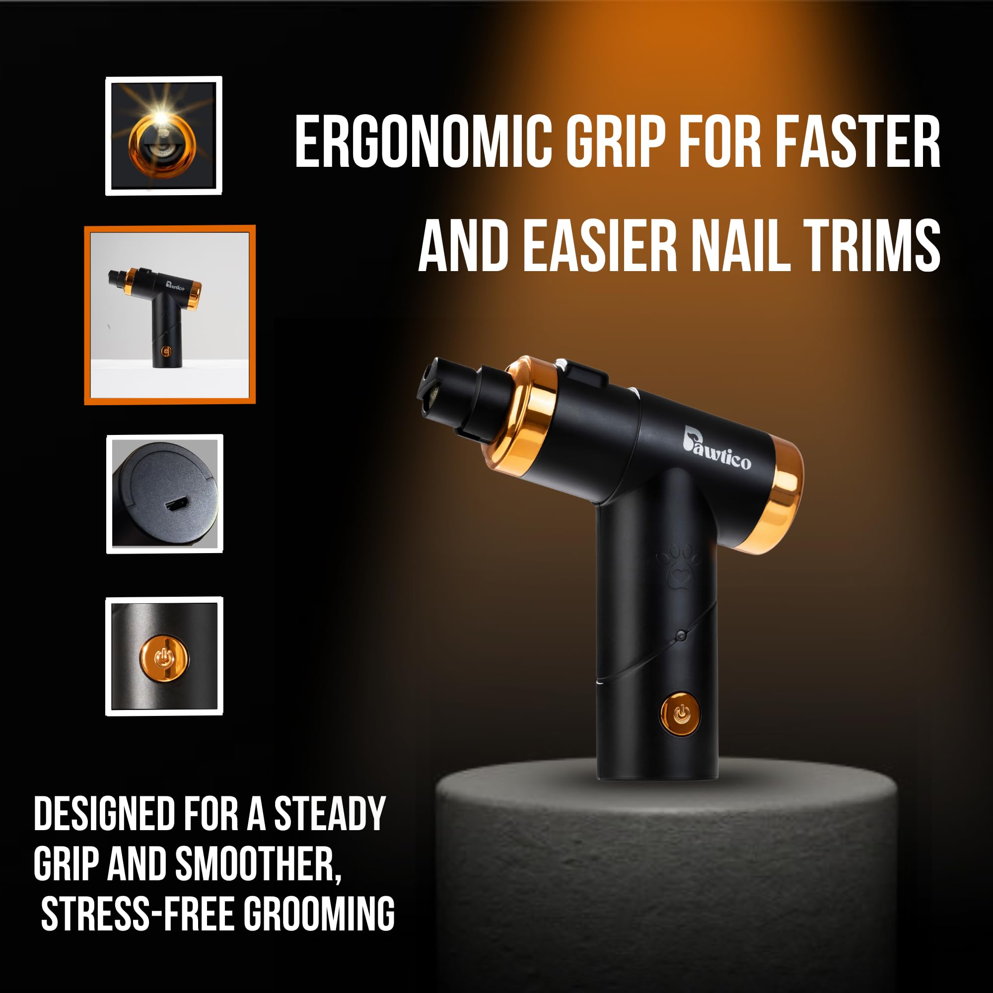 Pawtico Pro Dog Nail Grinder, Ergonomic Pistol Grip for Precision Control Quiet 40dB Motor, LED Light, USB Rechargeable - Image 4